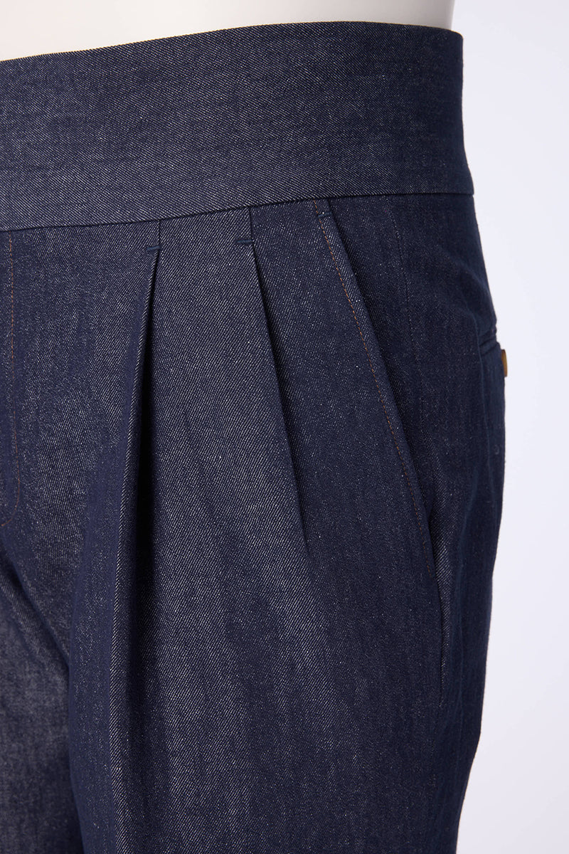 Double Monk Pleated Indigo Trousers