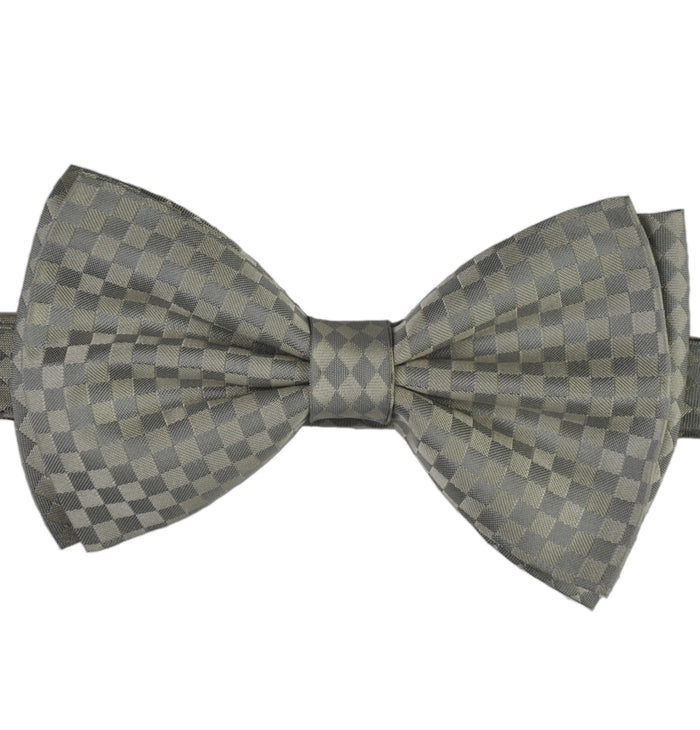 Silver & Grey Domino Checks Silk Bow Tie - KITOKO