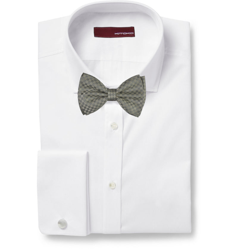 Silver & Grey Domino Checks Silk Bow Tie - KITOKO